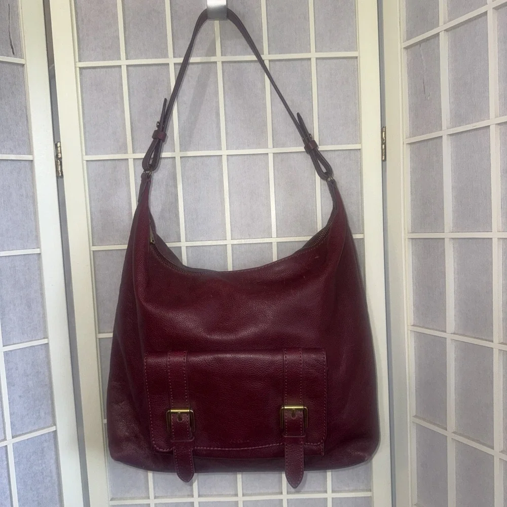 FOSSIL Cleo Large Hobo Shoulder Bag Burgundy Pebbled Leather Handbag Purse